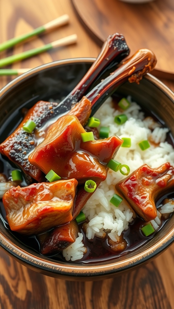 A bowl of braised pork neck bones served over rice, garnished with green onions on a rustic wooden table.